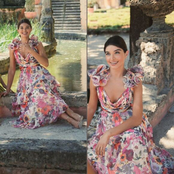 Mac Duggal 56048 Size 2 Ruffled Tiered Cut-Out Multicolored Floral Chiffon Dress - Picture 2 of 4